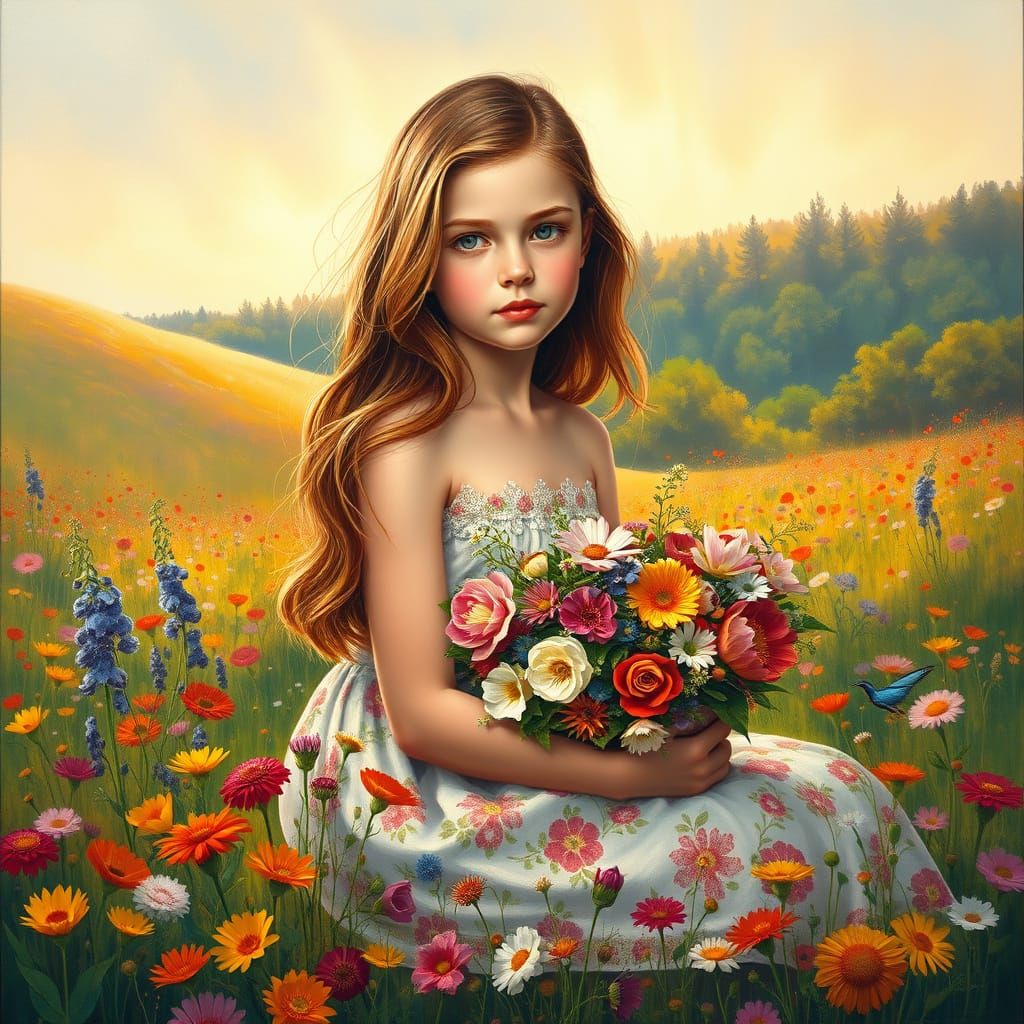 Surreal Young Girl in Vibrant Wildflower Field with Romantic...