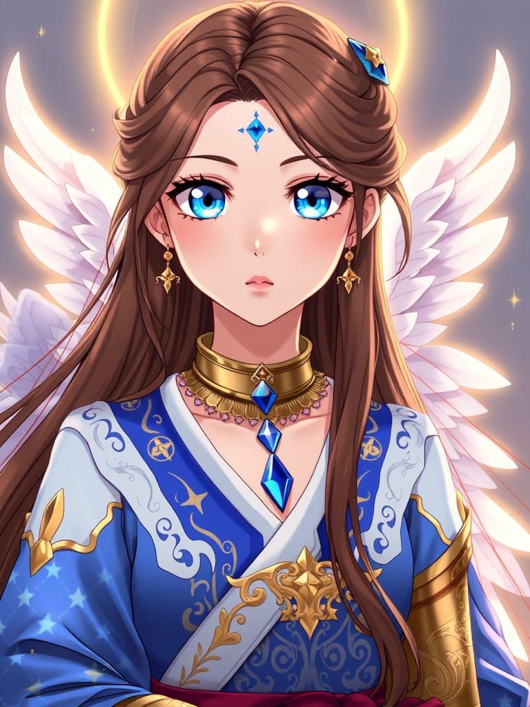 Anime Goddess Belldandy, long brown hair,c small blue diamond shaped tattoo on center forehead. Bright blue eyes, White ...