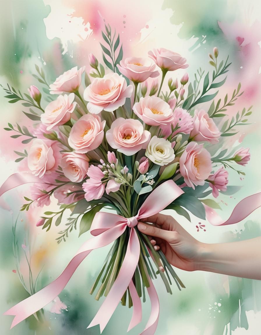 Pink Floral Bouquet in Watercolor Style