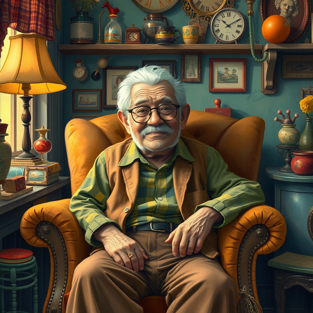 Eclectic Grandpa Portrait in Nostalgic Illustrative Style