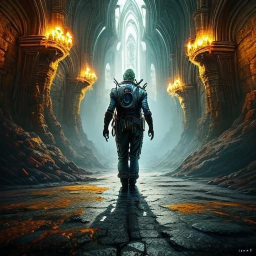 Surreal Cavern: Professor and Giant Creature