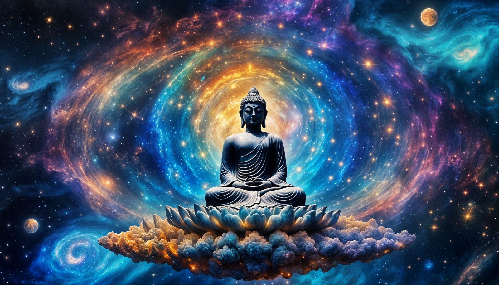 Buddha Merged with Glowing Cosmic Galaxy