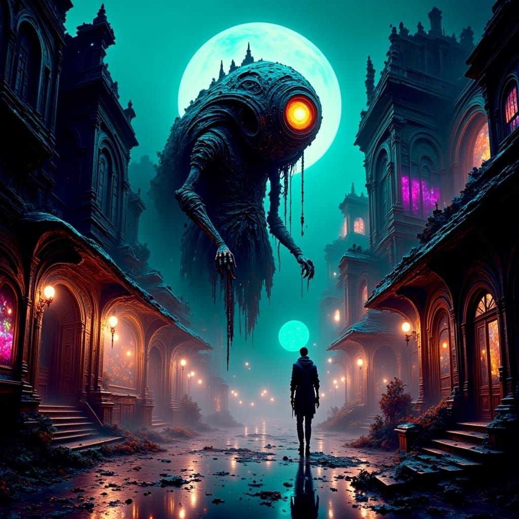 Eerie Alien Floats Through Ghost Town in Neon Style