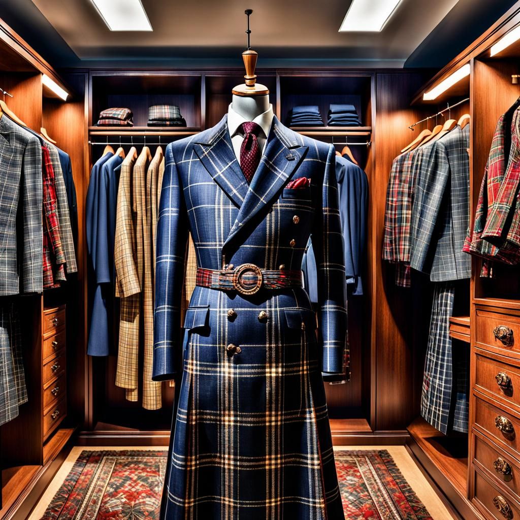 Luxurious Plaid Mannequin in Wardrobe: Hyperrealistic Art