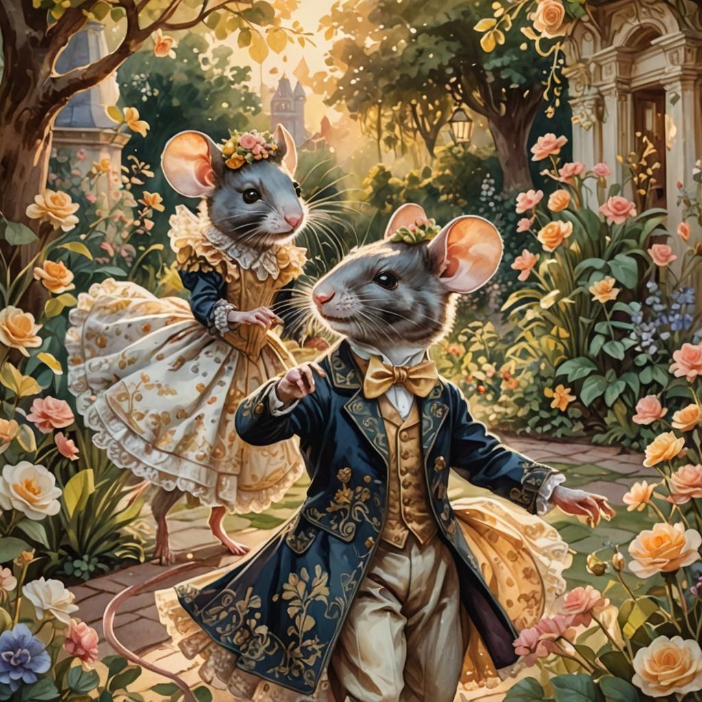 Victorian Rats Dancing Minuet in Ornate Garden
