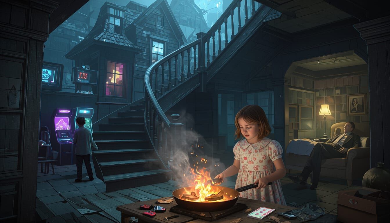 Mysterious House with Surreal Basement Scene