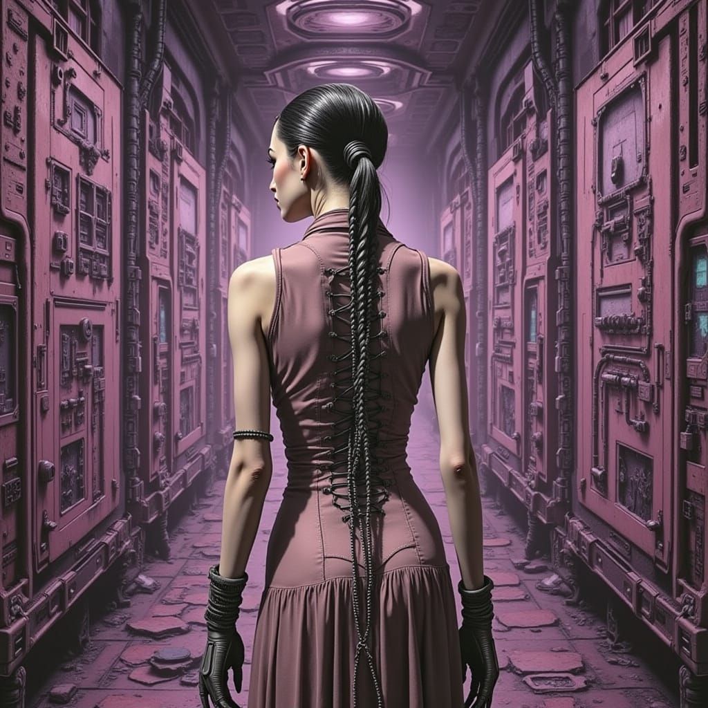 Cyborg Goddess in Corroded Mechanical Hellscape