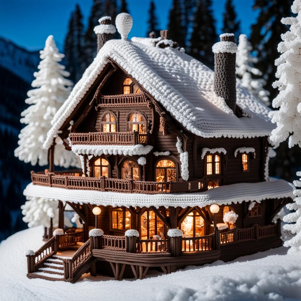 a crochet chalet resort in the woods;