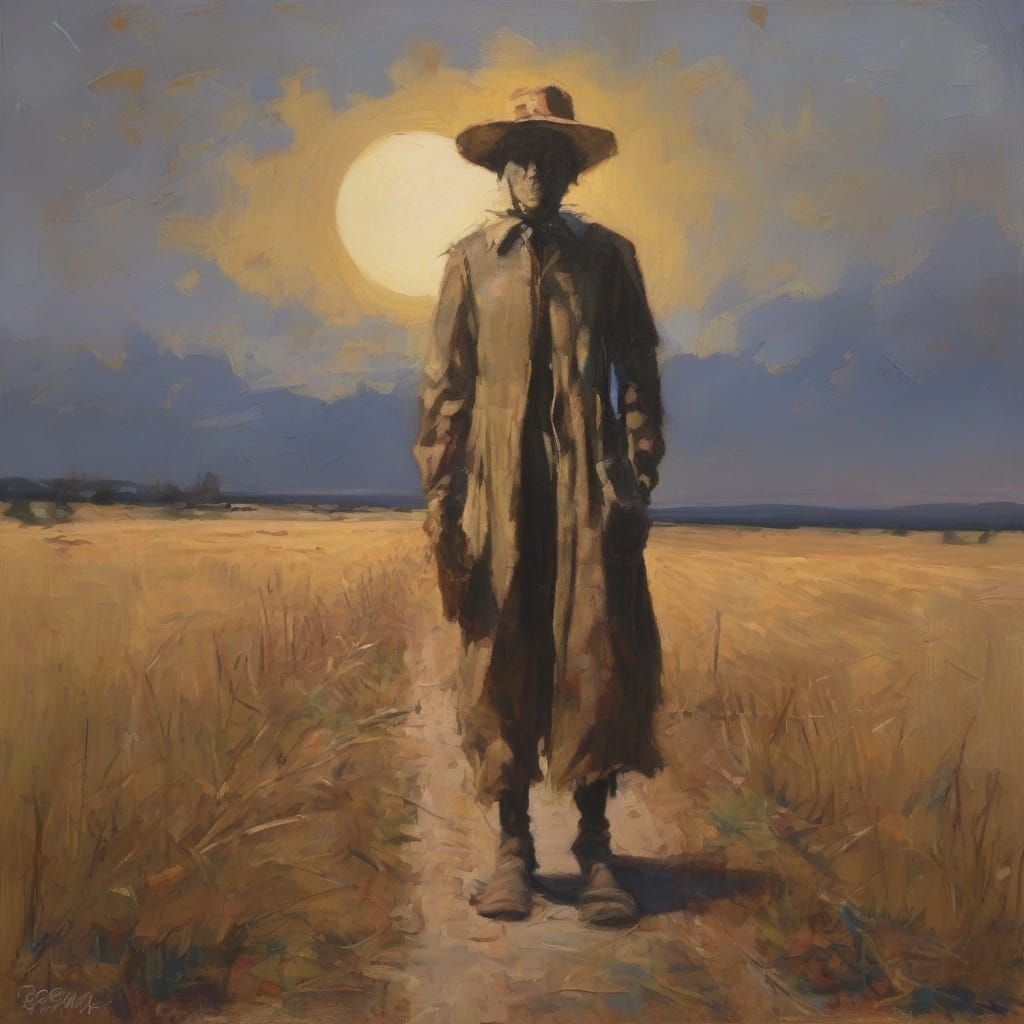 Sinister Scarecrow in Desolate Field, Gouache Painting