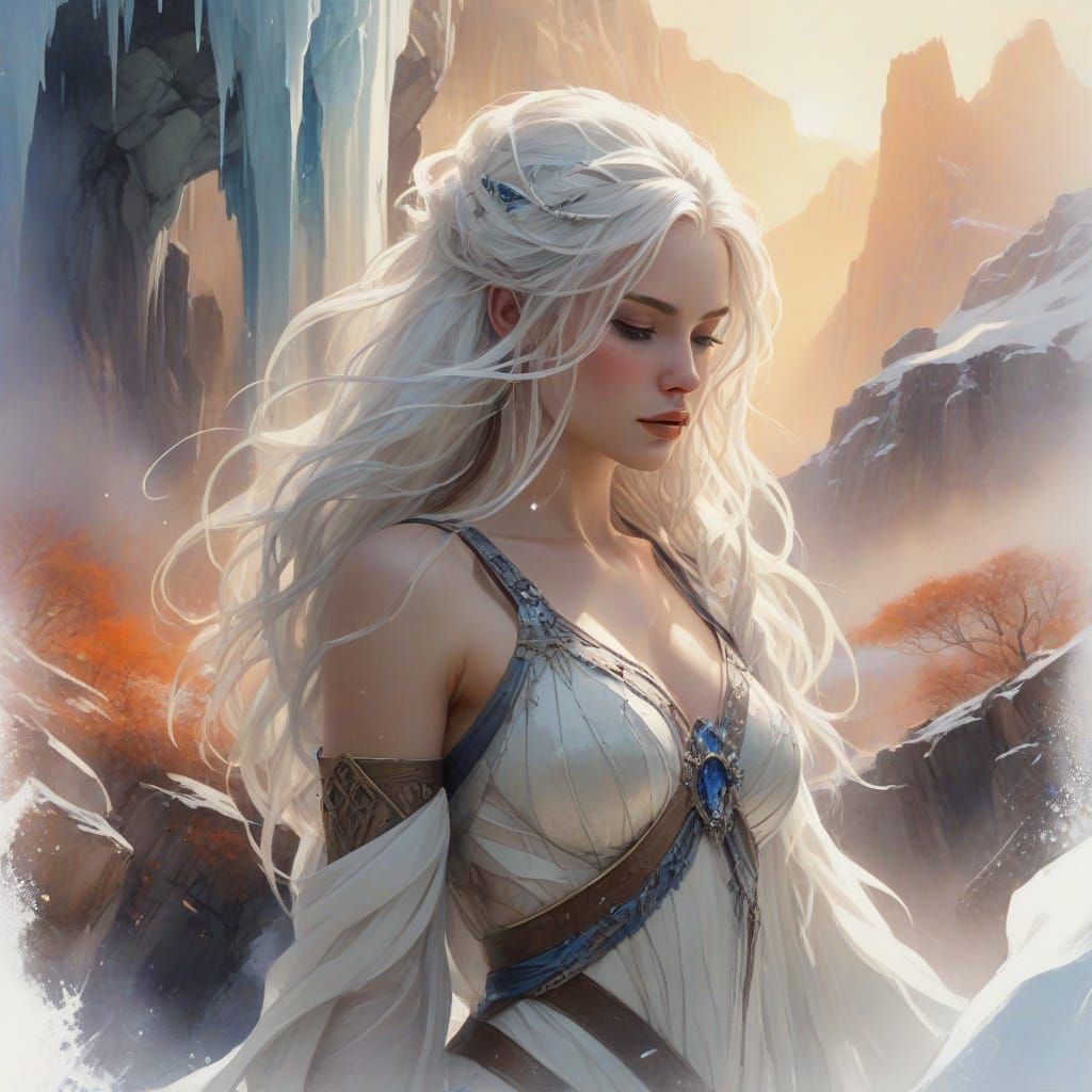 Ice Sorceress Over Frozen Waterfall in Watercolour