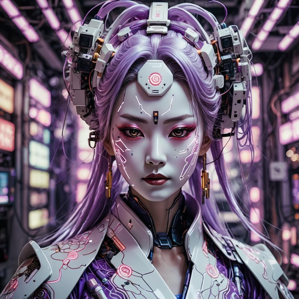 Neon Geisha Android in Futuristic Repair Shop