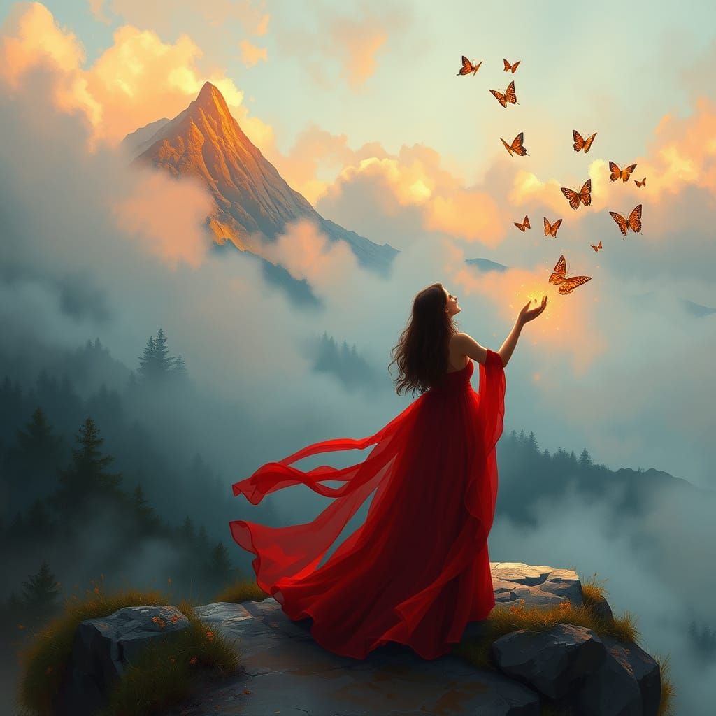 Woman Releasing Butterflies: Impressionistic Digital Paintin...