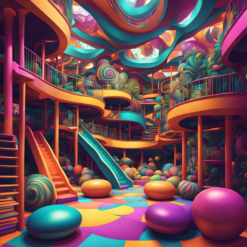 Psychedelic Indoor Playground with Jungle Gyms and Swings