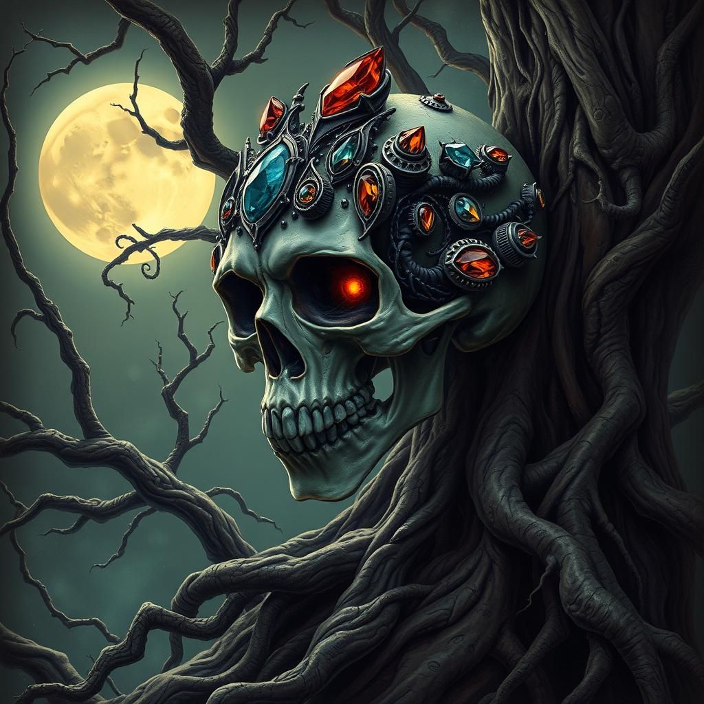 Gothic Skull with Glowing Gemstones in Surreal Style