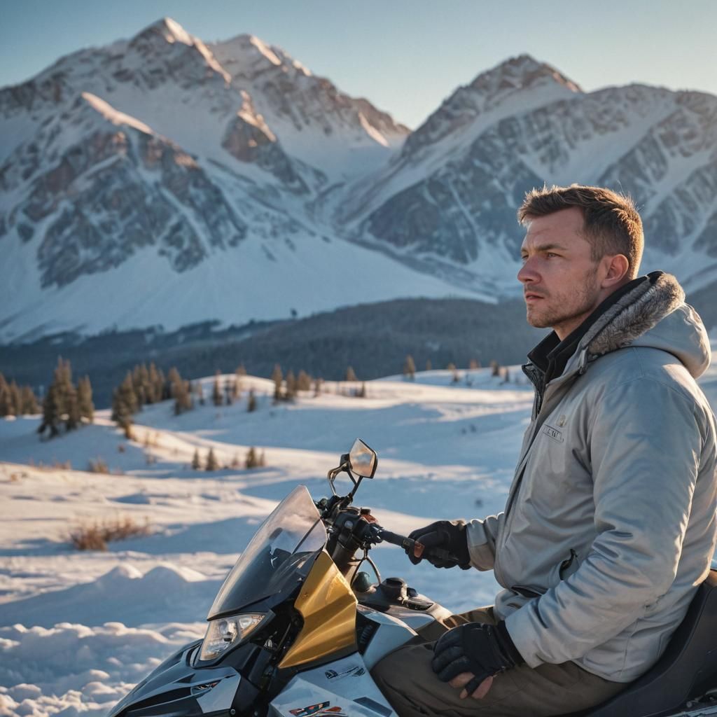 Slavic Man on Snowmobile at Sunset, Digital Art