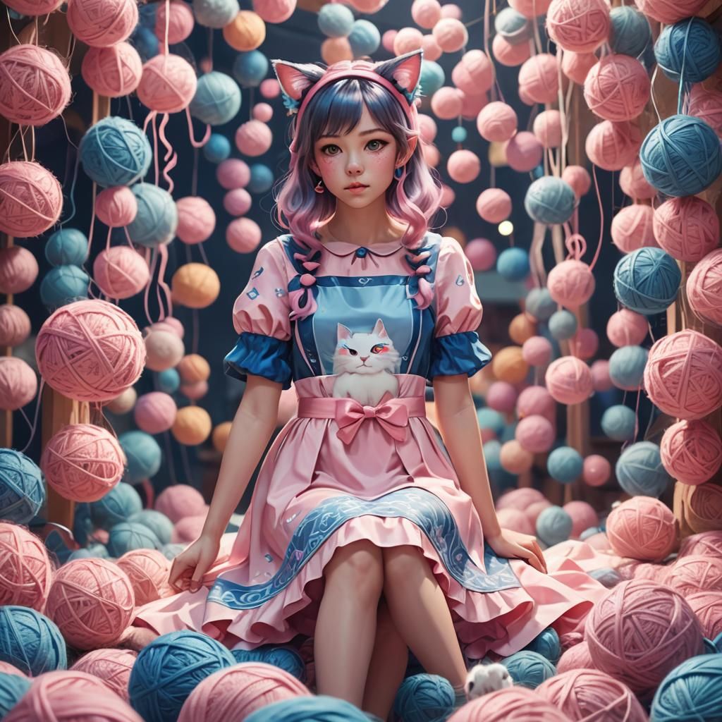 Woman in Cat Cosplay with Yarn Balls, Fantasy Art