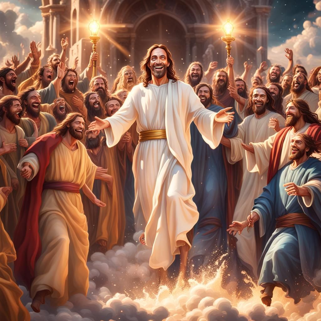Smiling Jesus in Light and Clouds: Detailed Matte Painting