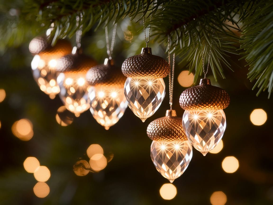 Glowing Acorn Ornaments on Christmas Tree Branch