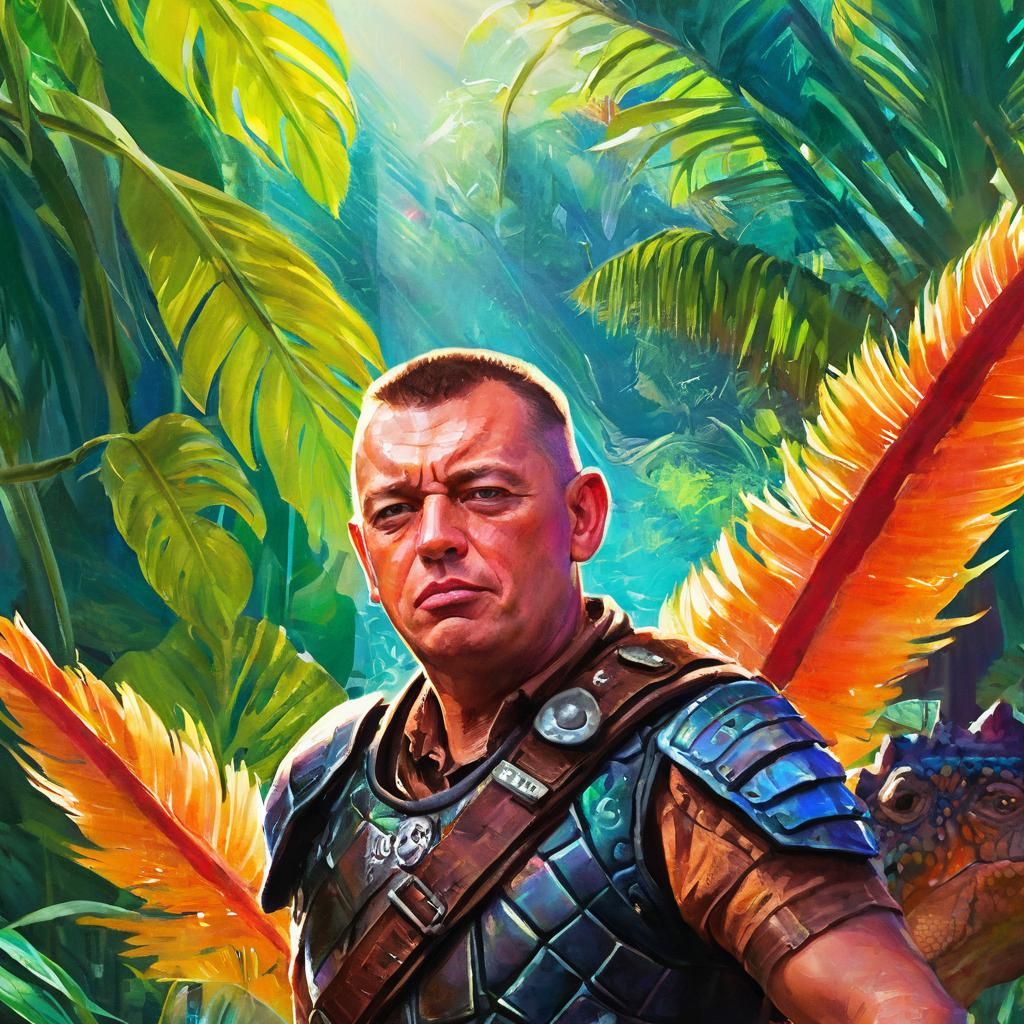 Vibrant Oil Painting Portrait of Adventurer Riding Dinosaur...