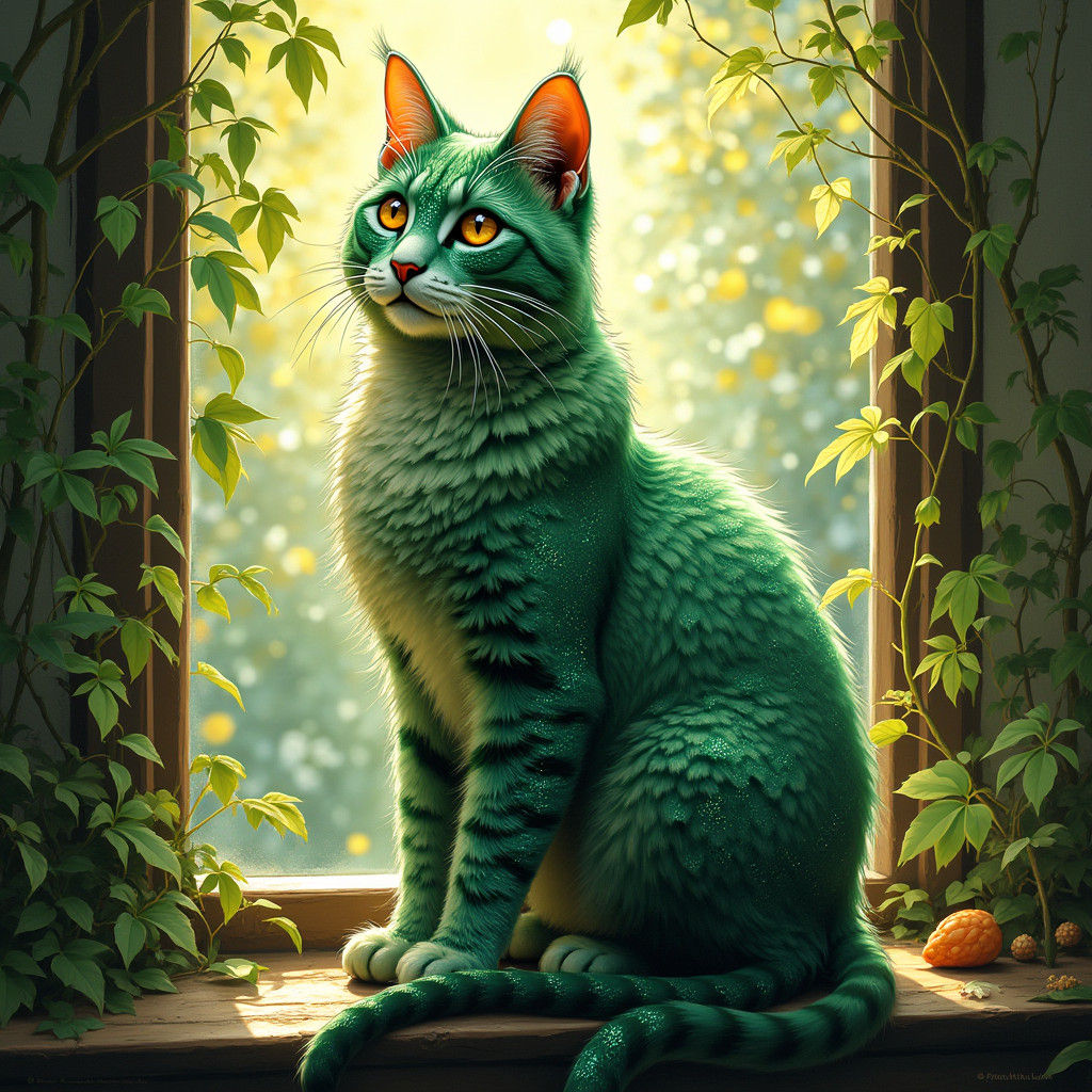 Emerald Eyed Cat in Art Nouveau Style