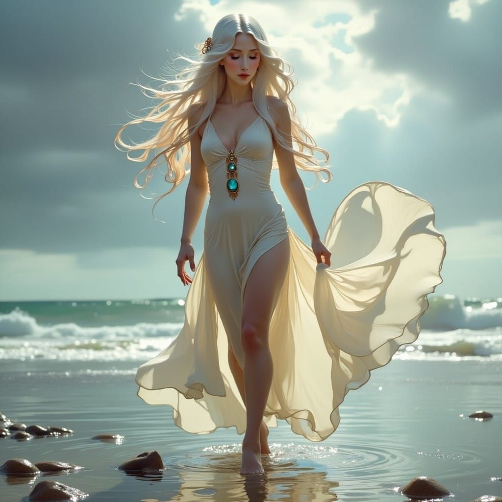 Ethereal Woman Walking on Water in Art Nouveau Style