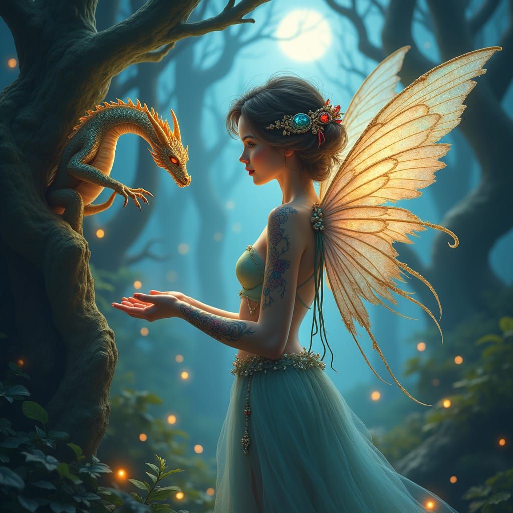 Fairy with Gem Dragon in Moonlit Forest