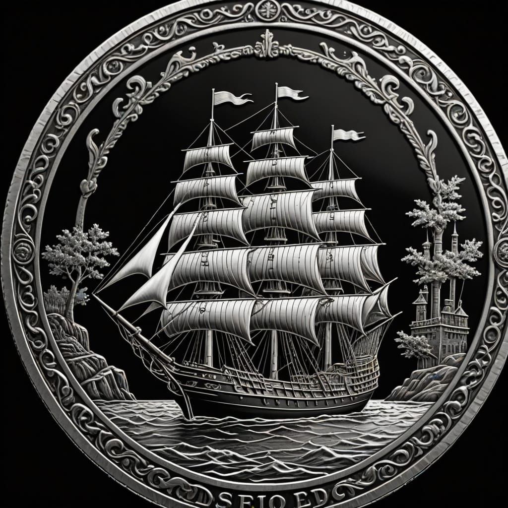 Medieval Ship Engraved on Silver Coin in Macro View
