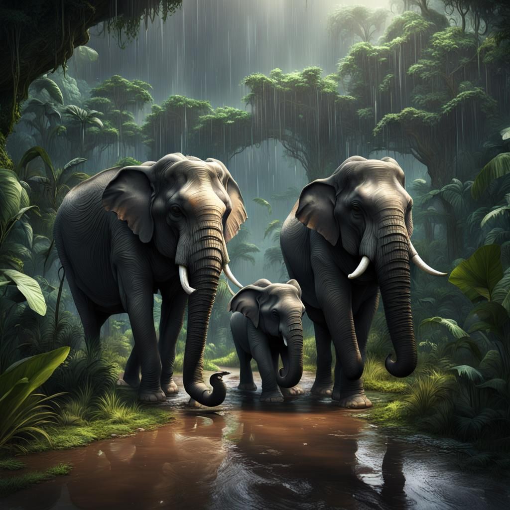 Elephant Family in Rainy Jungle: Fantasy Concept Art