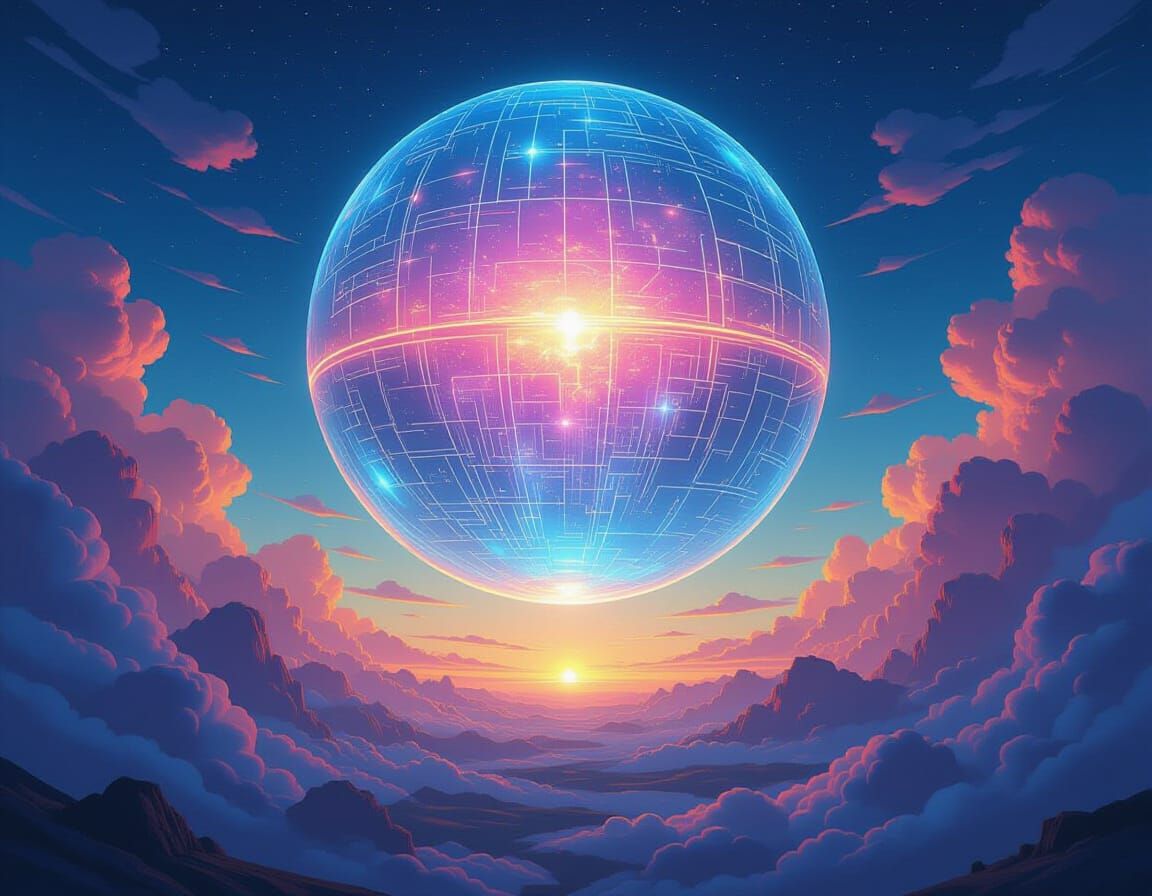 Architectural Sphere Among Crystal Clouds: Impasto Acrylic P...