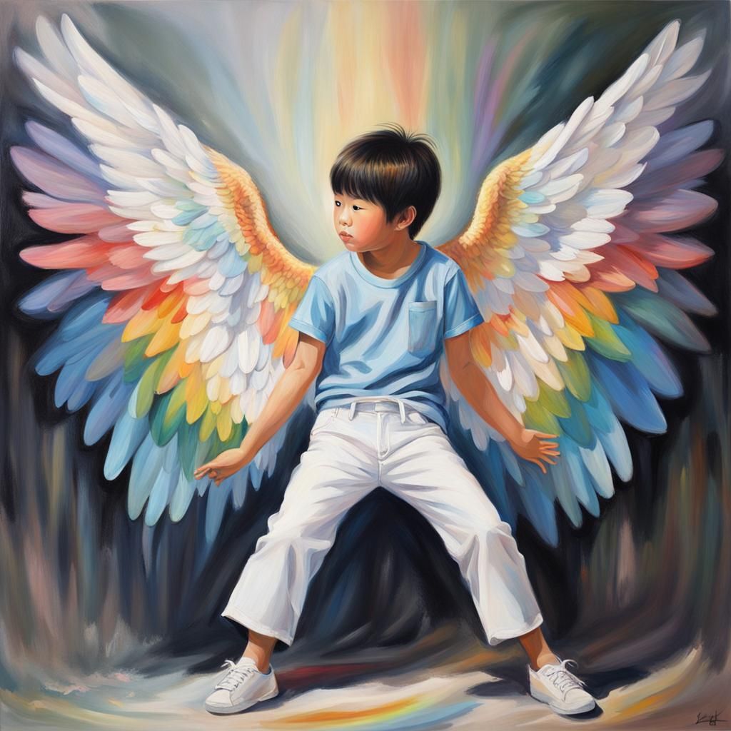Asian Boy Angel with Rainbow Wings in Oil Painting