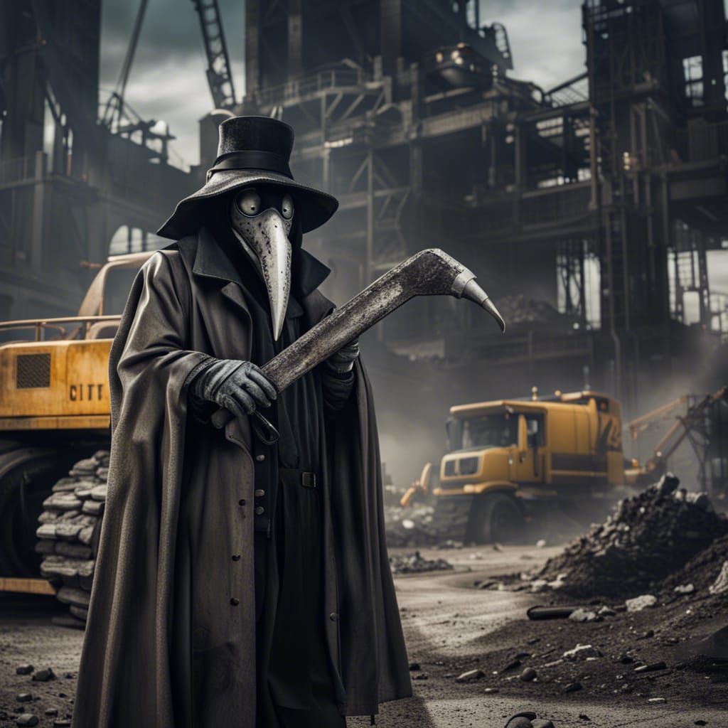 Plague Doctor in Ruined Industrial Cityscape