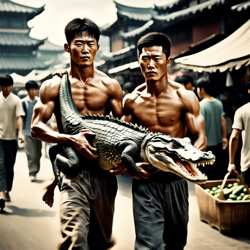 Korean Men Carry Alligator in Vintage Photo