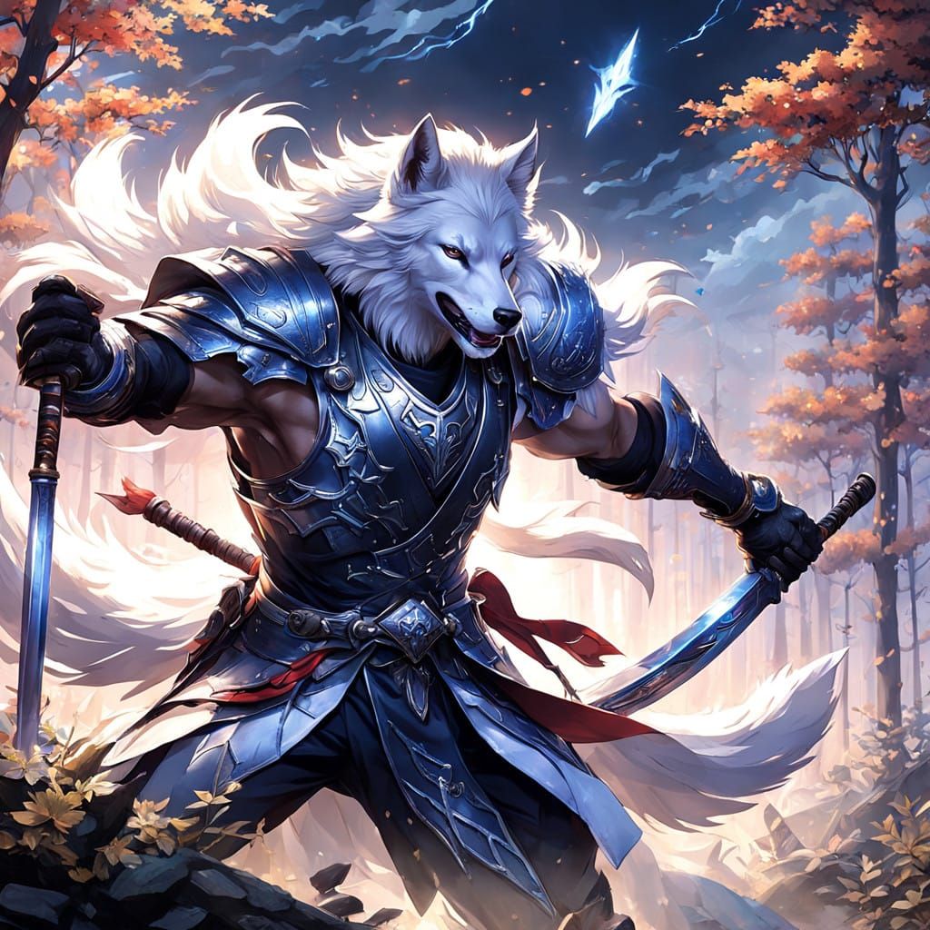 Surreal Silver Wolf Warrior in Stylized Realism as 3D Anime...
