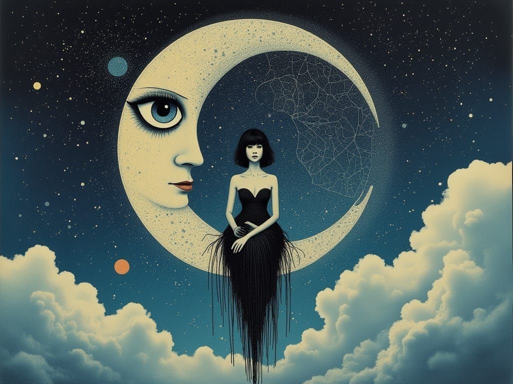 Ethereal Dreamcatcher Scene with a Woman under a Crescent Mo...