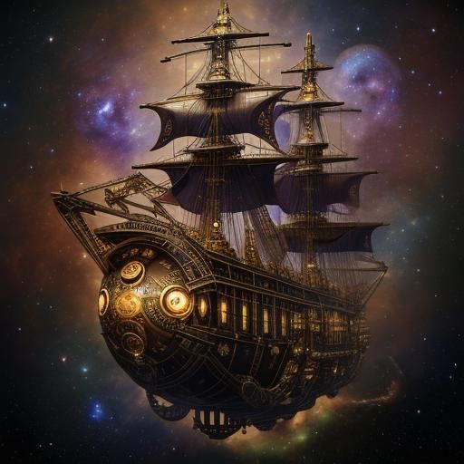 Steampunk Vessel Travels Through Galactic Worlds