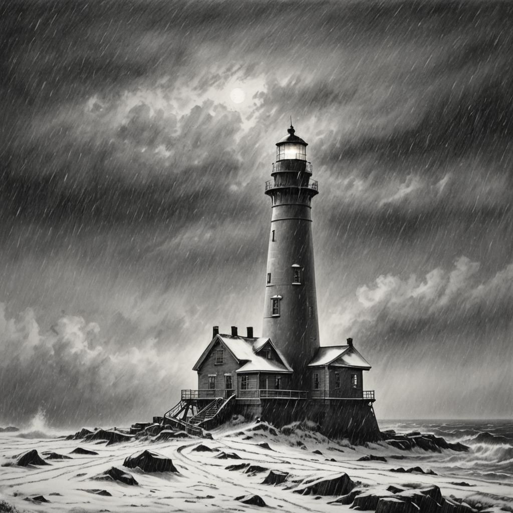 Lighthouse in Snowstorm: Hyperdetailed Charcoal Drawing