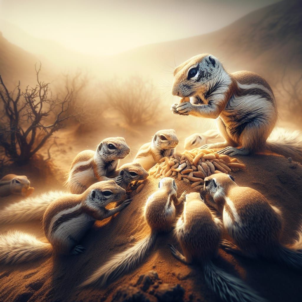 Xerus Family Gathering Food in Hyperrealistic Desert Scene