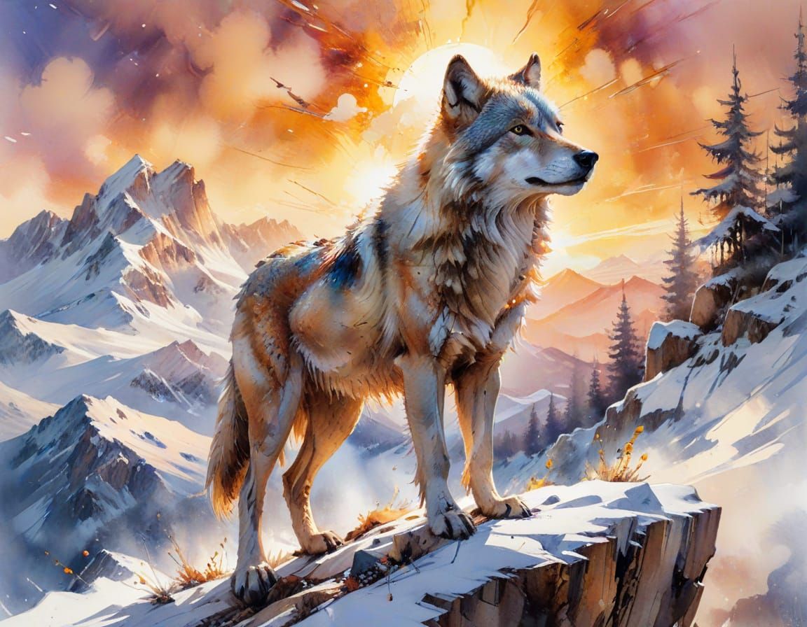 Summer Wolf on Winter Shrine as Watercolour Painting