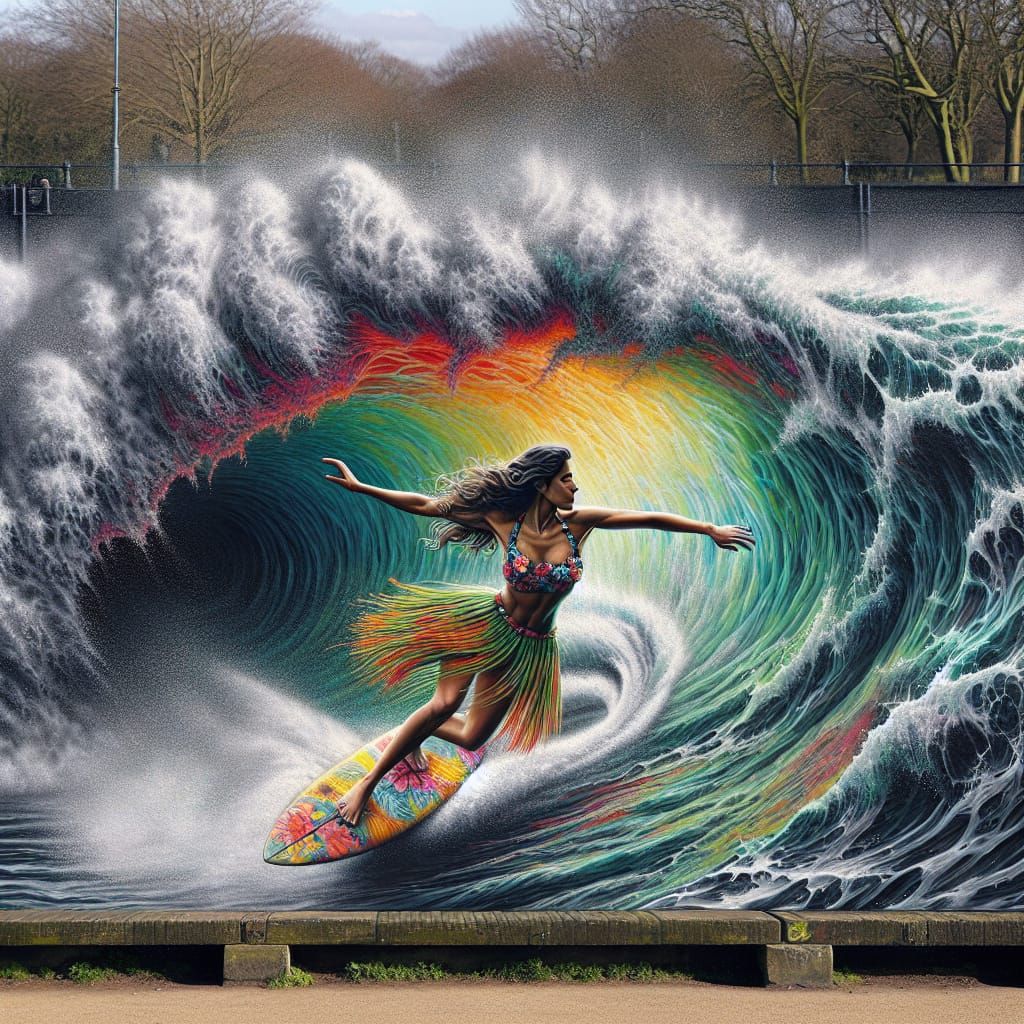 Woman Surfing a Storm Wave in Graffiti Art Style