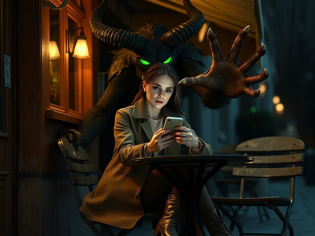 Woman in Dark, Foreboding Cafe Scene