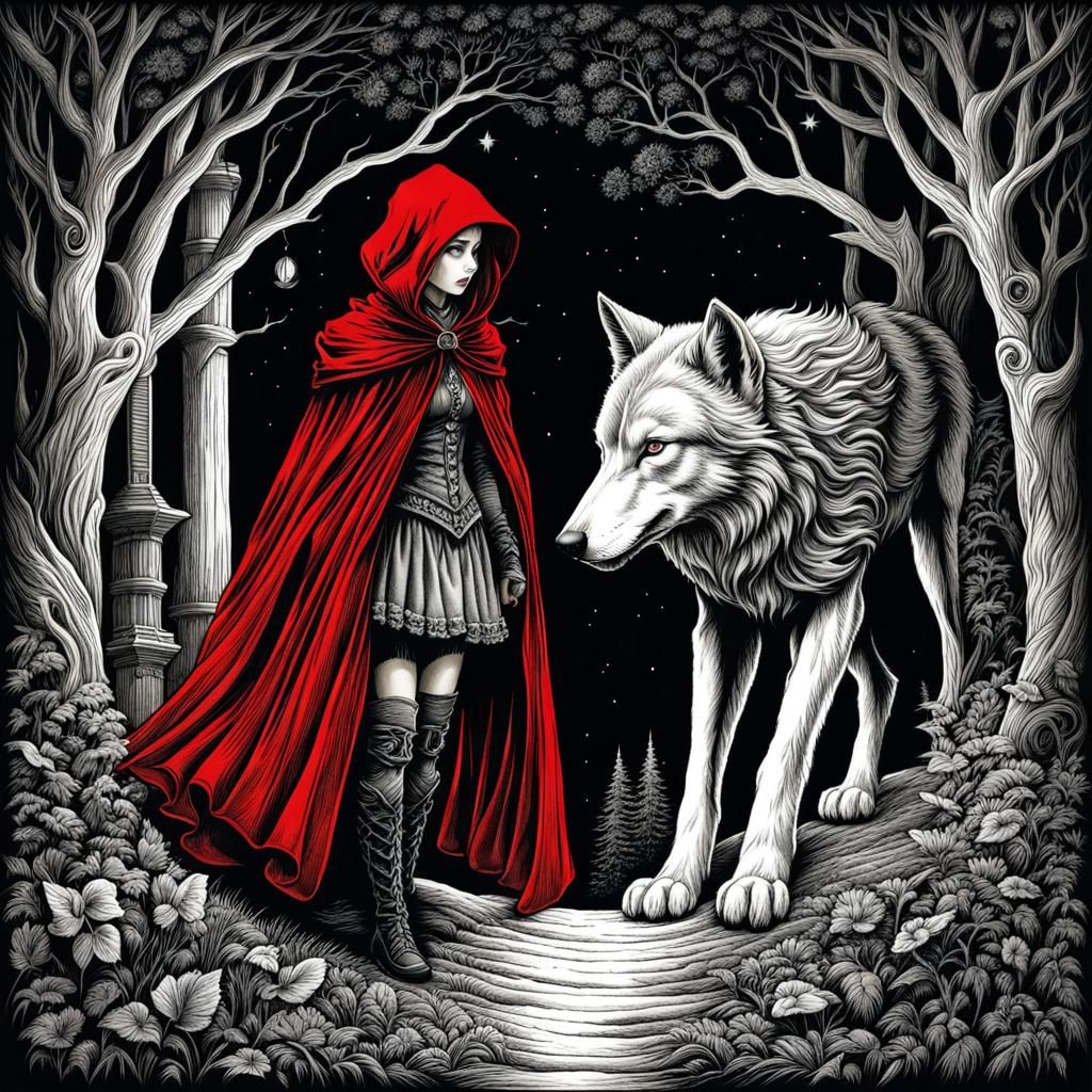 Red Riding Hood and Wolf in Dark Fairytale Art