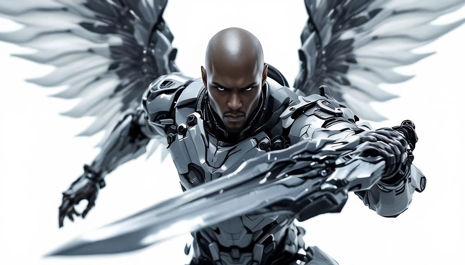 Futuristic Black Warrior Soaring with Cybernetic Sword