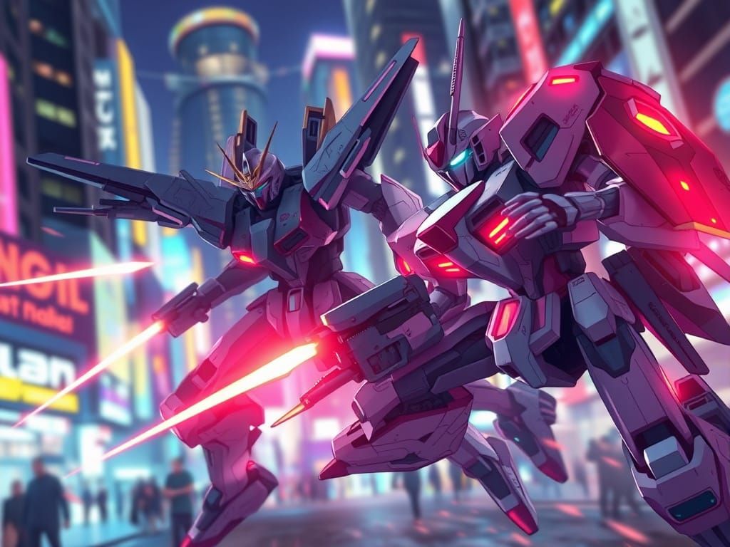 Cyberpunk Mechs Take Flight in Vibrant Cityscape