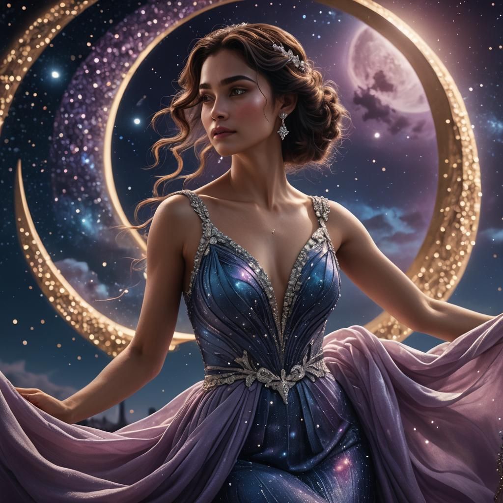Woman on Crescent Moon in Starry Night Sky