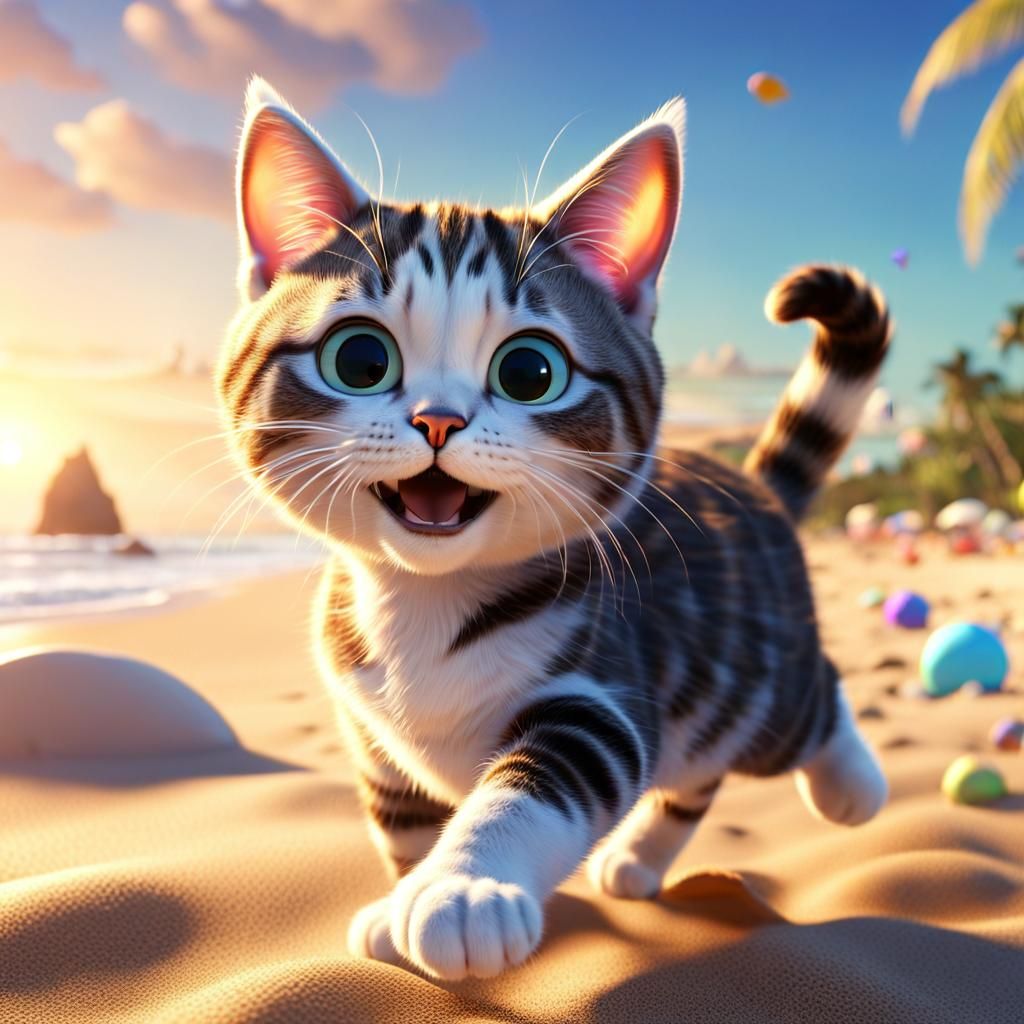 Playful Cat Exploring Beach: Pixar-style 3D Render