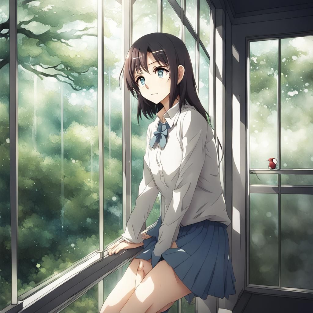 Anime Style Character Gazing Through Glass