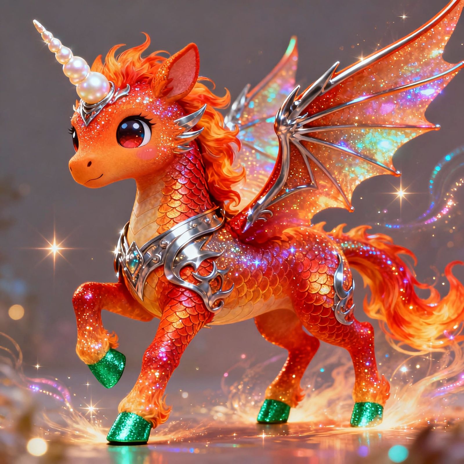 Sparkling Fire Unicorn with Emerald Hooves and Pearl Horn