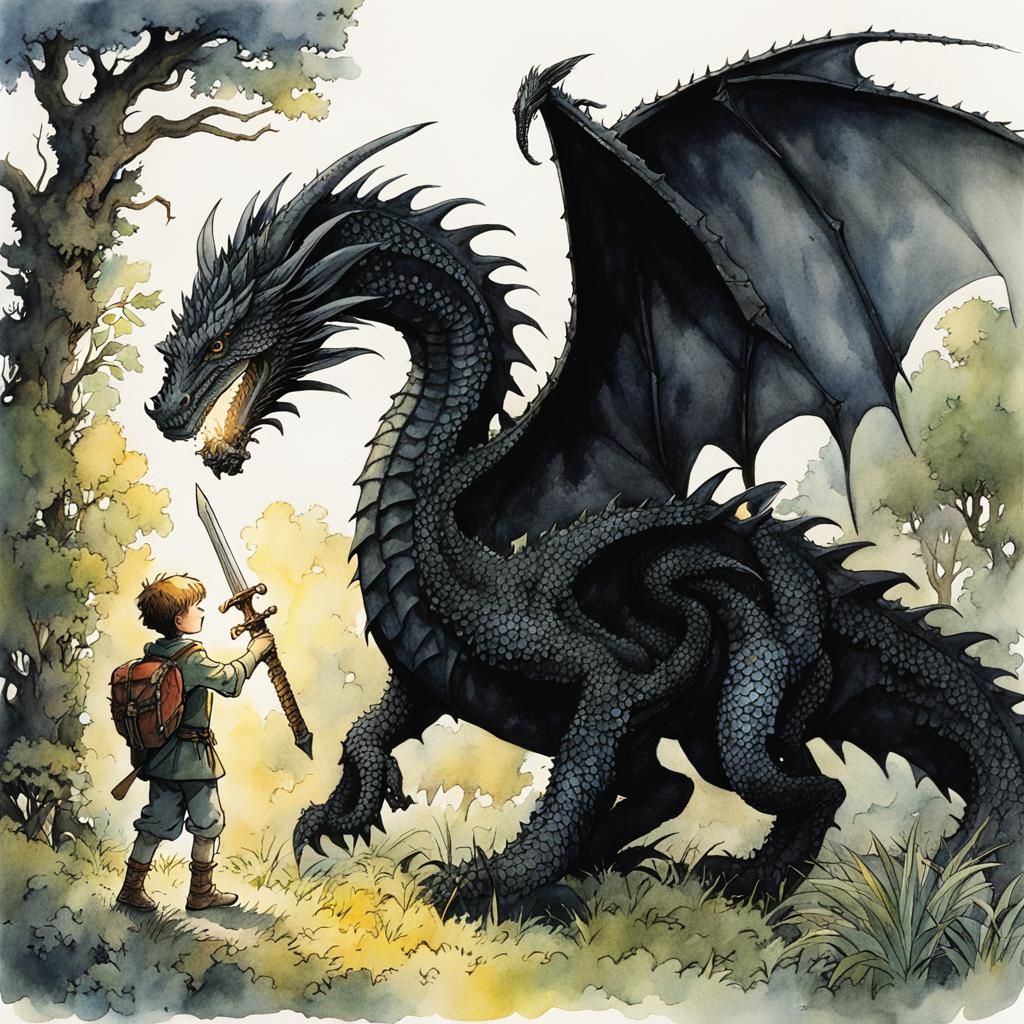 Boy with Glowing Sword Faces Black Dragon