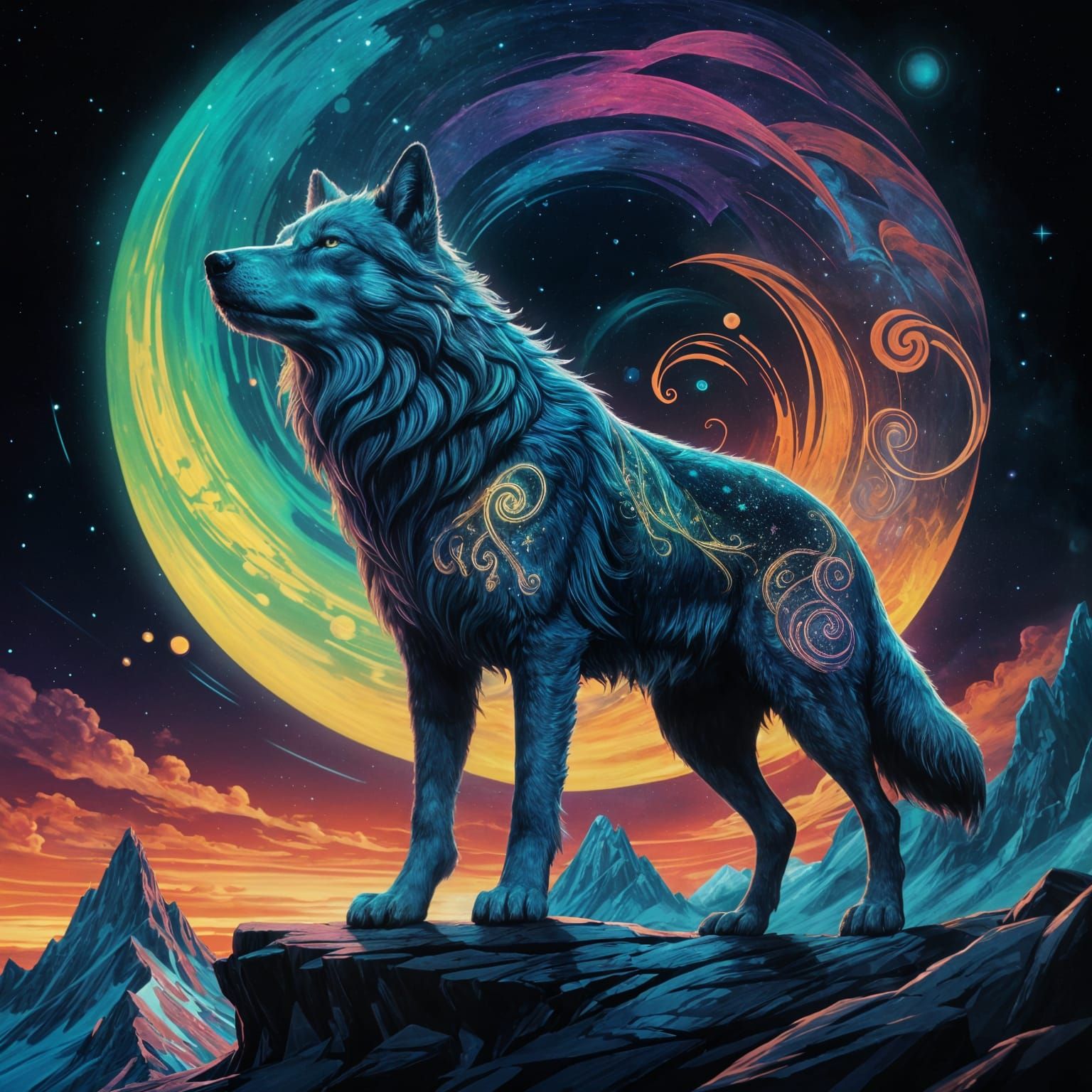 Spectral Wolf with Elven Runes in Cosmic Landscape