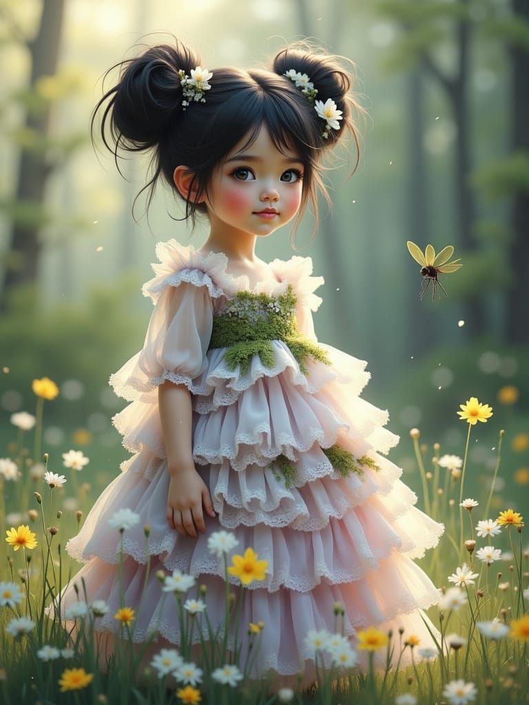 Toddler in Dreamlike Forest with Damselfly, Soft Oil Paintin...